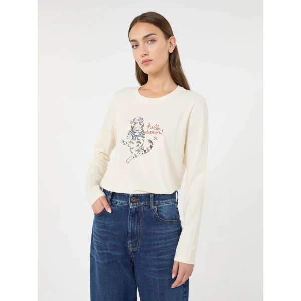 Max Mara Vicino Stretch Jersey Graphic T-Shirt in Ivory | T-shirts | Luxury Shoes 