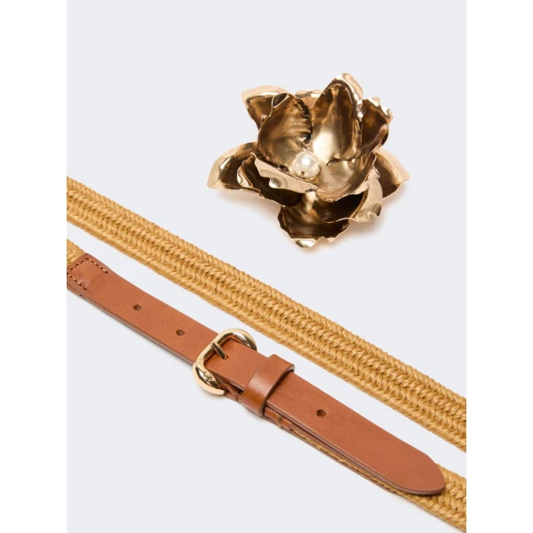Max Mara Vicolo Linen and Cotton Belt with Brooch in Mustard | Belts | Luxury Shoes 