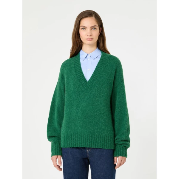 Max Mara Visita Alpaca and Cotton V-Neck Jumper in Dark Green | Sweaters | Luxury Shoes 
