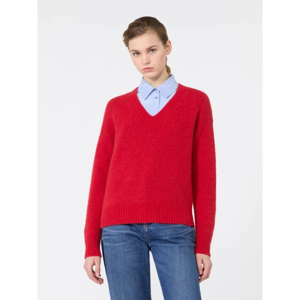 Max Mara Visita Alpaca and Cotton V-Neck Jumper in Red | Sweaters | Luxury Shoes 