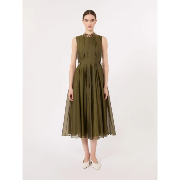 Max Mara Wally Organza Fit-and-Flare Dress in Khaki | Midi Dresses | Luxury Shoes 