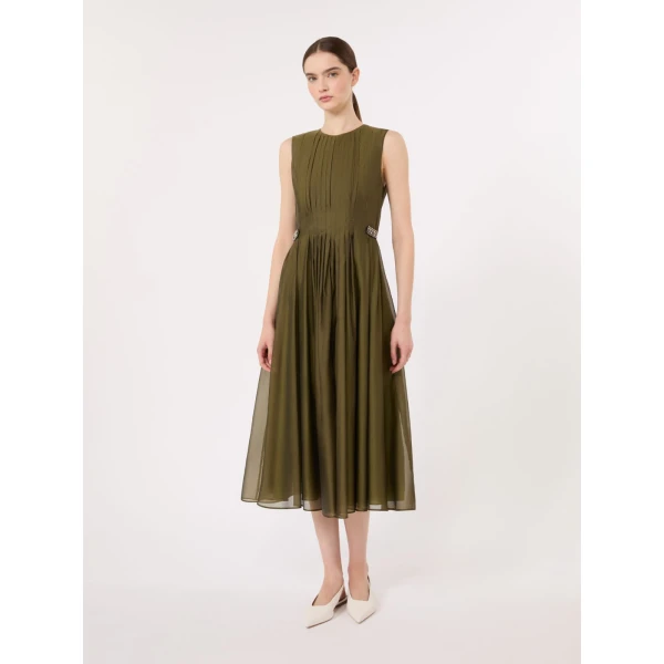 Max Mara Wally Organza Fit-and-Flare Dress in Khaki | Midi Dresses | Luxury Shoes 