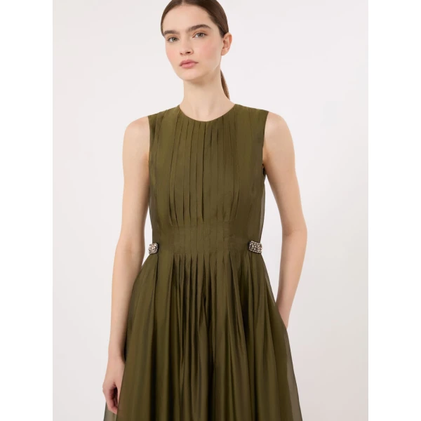 Max Mara Wally Organza Fit-and-Flare Dress in Khaki | Midi Dresses | Luxury Shoes 