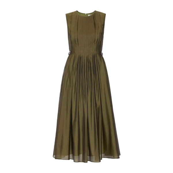Max Mara Wally Organza Fit-and-Flare Dress in Khaki | Midi Dresses | Luxury Shoes 