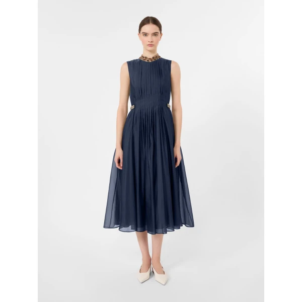 Max Mara Wally Organza Fit-and-Flare Dress in Ultramarine | Midi Dresses | Luxury Shoes 