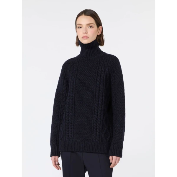 Max Mara Wool Aran Turtleneck Jumper in Navy | Turtlenecks | Luxury Shoes 