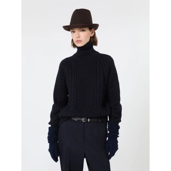 Max Mara Wool Aran Turtleneck Jumper in Navy | Turtlenecks | Luxury Shoes 