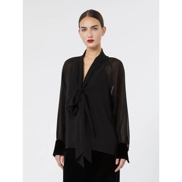 Max Mara Zattera Silk Georgette Pussy-Bow Blouse in Black | Blouse | Luxury Shoes 