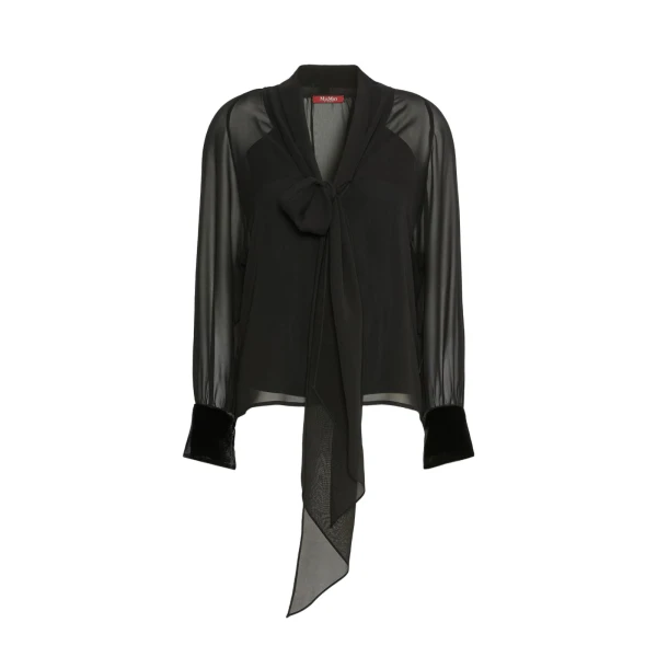 Max Mara Zattera Silk Georgette Pussy-Bow Blouse in Black | Blouse | Luxury Shoes 