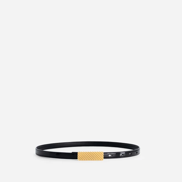 Mlouye Isla Belt in Patent Black with Gold Buckle | Belts | Luxury Shoes 