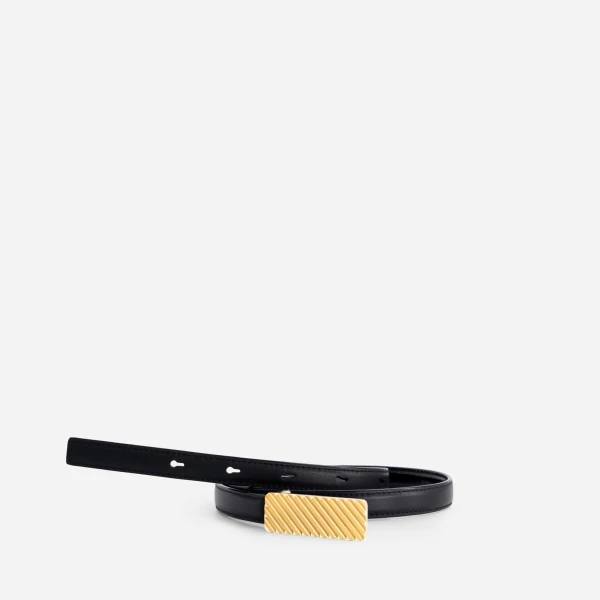 Mlouye Isla Belt in Patent Black with Gold Buckle | Belts | Luxury Shoes 