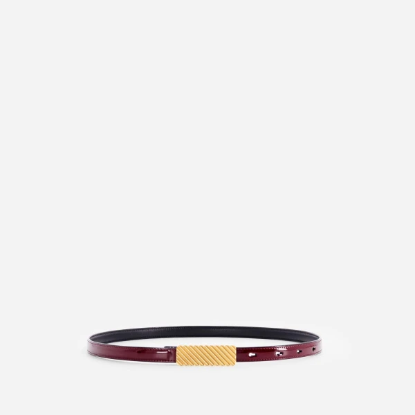 Mlouye Isla Belt in Patent Bordeaux with Gold Buckle | Belts | Luxury Shoes 