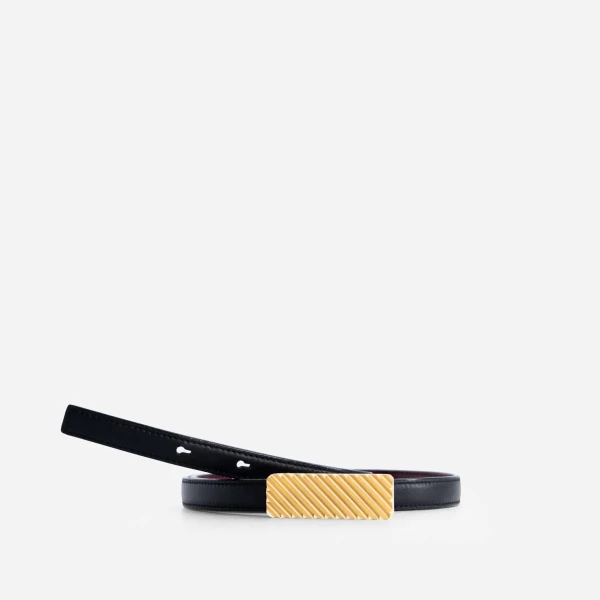 Mlouye Isla Belt in Patent Bordeaux with Gold Buckle | Belts | Luxury Shoes 