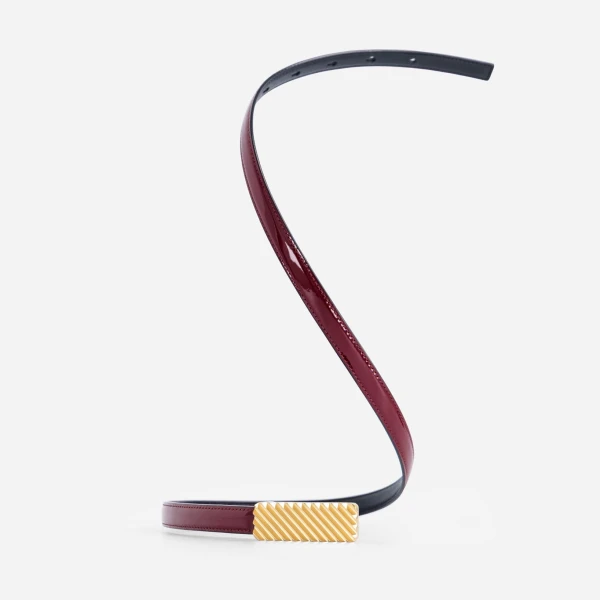 Mlouye Isla Belt in Patent Bordeaux with Gold Buckle | Belts | Luxury Shoes 