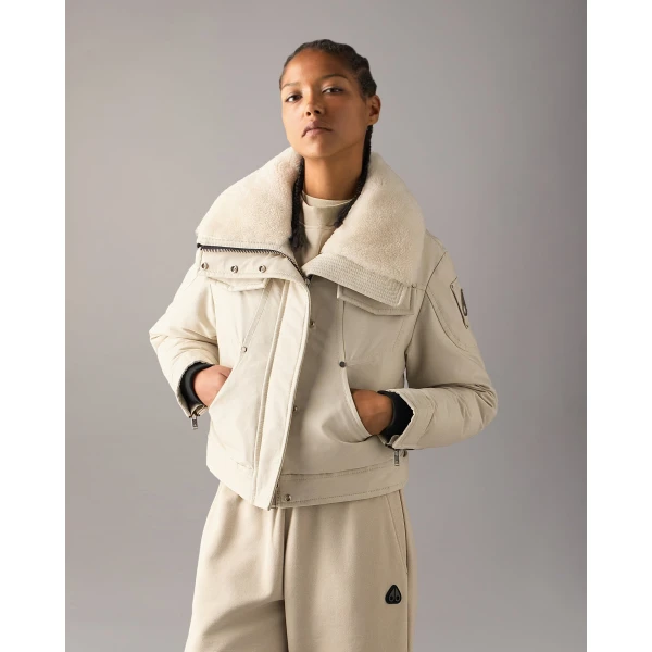 Moose Knuckles Aurora Down Trucker Jacket in Alabaster | Jackets | Luxury Shoes 