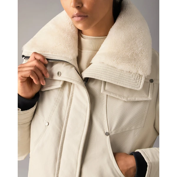 Moose Knuckles Aurora Down Trucker Jacket in Alabaster | Jackets | Luxury Shoes 