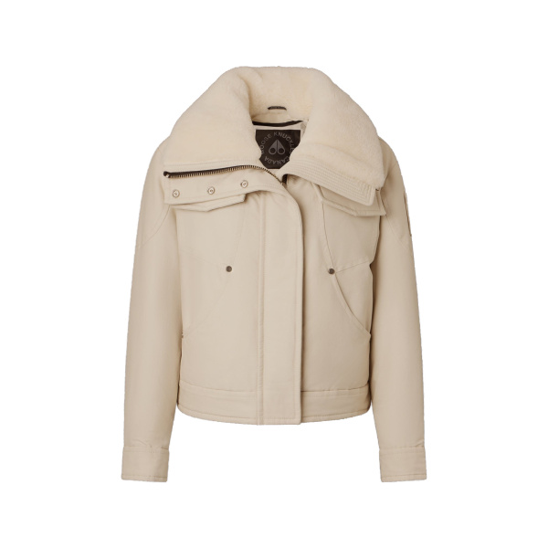 Moose Knuckles Aurora Down Trucker Jacket in Alabaster | Luxury Shoes 