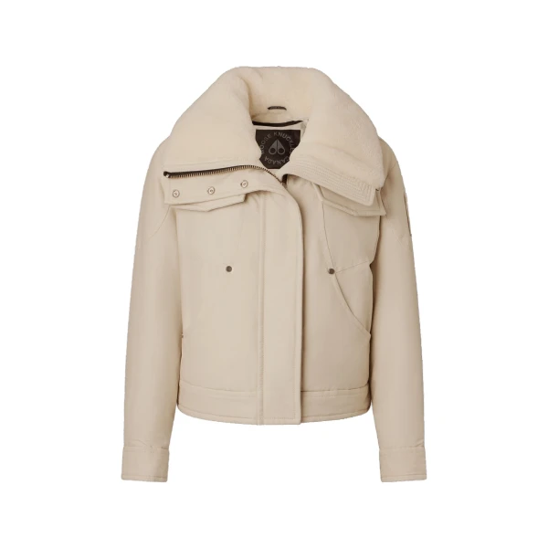 Moose Knuckles Aurora Down Trucker Jacket in Alabaster | Luxury Shoes 