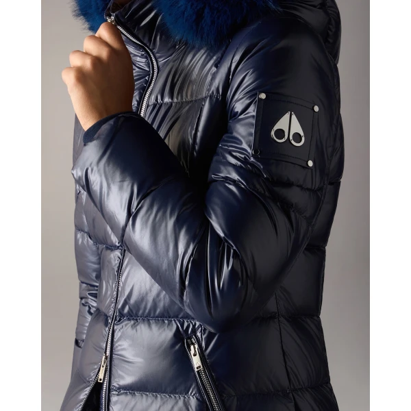 Moose Knuckles Celestia Long Down Parka in Navy | Coats | Luxury Shoes 