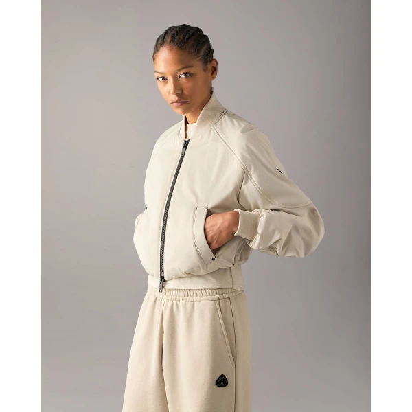 Moose Knuckles Drift Satin Bomber Jacket in Alabaster | Jackets | Luxury Shoes 