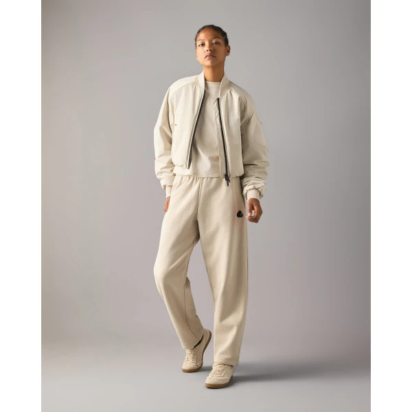 Moose Knuckles Drift Satin Bomber Jacket in Alabaster | Jackets | Luxury Shoes 