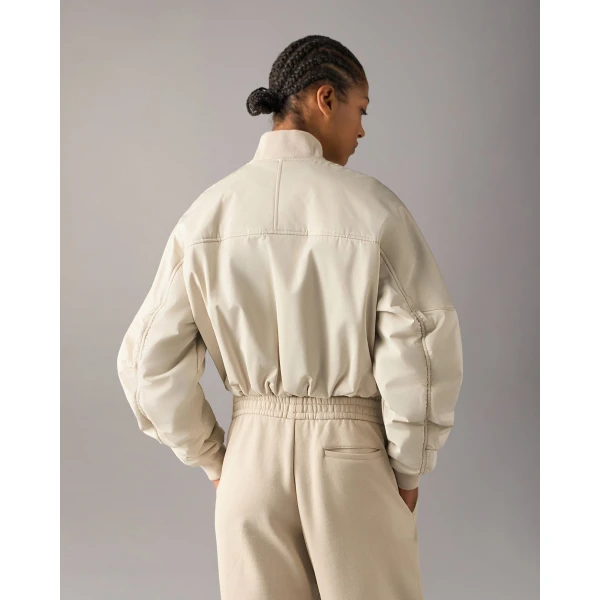 Moose Knuckles Drift Satin Bomber Jacket in Alabaster | Jackets | Luxury Shoes 