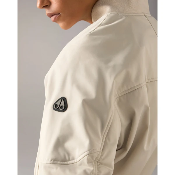 Moose Knuckles Drift Satin Bomber Jacket in Alabaster | Jackets | Luxury Shoes 