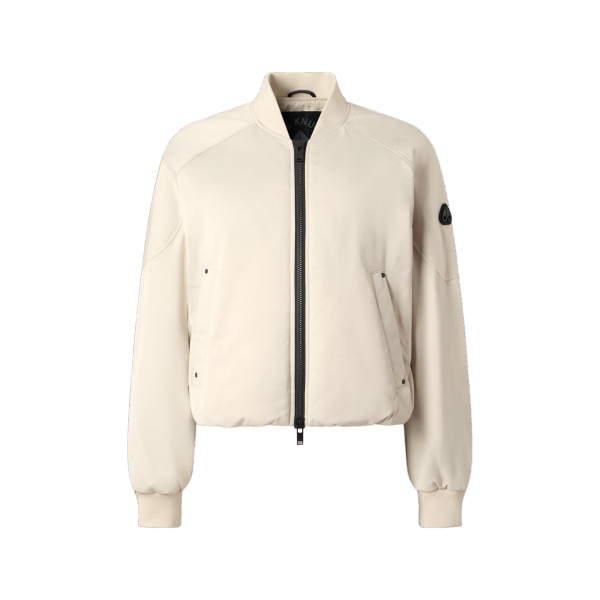 Moose Knuckles Drift Satin Bomber Jacket in Alabaster | Luxury Shoes 