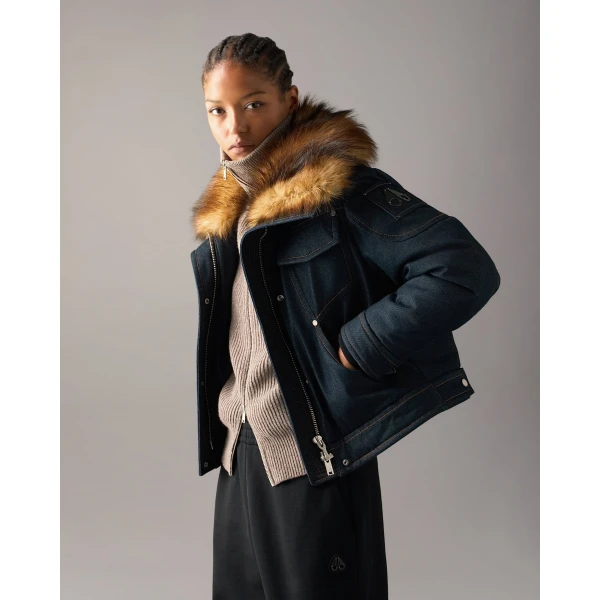 Moose Knuckles Frontier Denim & Down Trucker Jacket in Denim | Denim | Luxury Shoes 