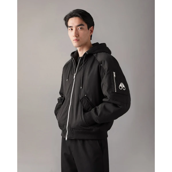 Moose Knuckles Georgie Satin Bomber Jacket in Black | Men Jackets | Luxury Shoes 