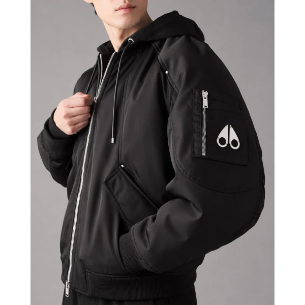 Moose Knuckles Georgie Satin Bomber Jacket in Black | Men Jackets | Luxury Shoes 