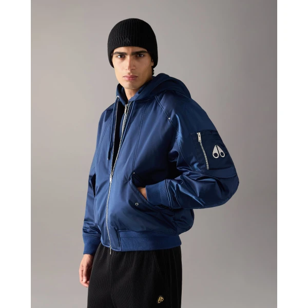 Moose Knuckles Georgie Satin Bomber Jacket in Nightfall | Men Jackets | Luxury Shoes 