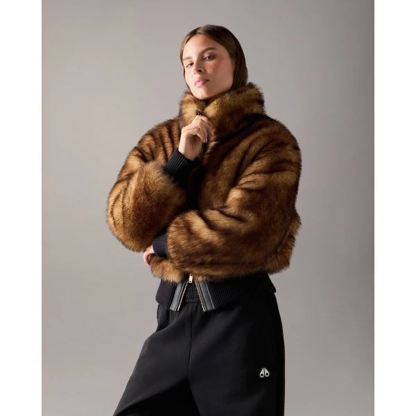 Moose Knuckles Jill Faux Fur Bomber in Gold Cross | Jackets | Luxury Shoes 