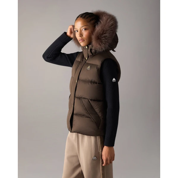 Moose Knuckles Northbound Fox Fur & Down Vest in Espresso | Vests | Luxury Shoes 