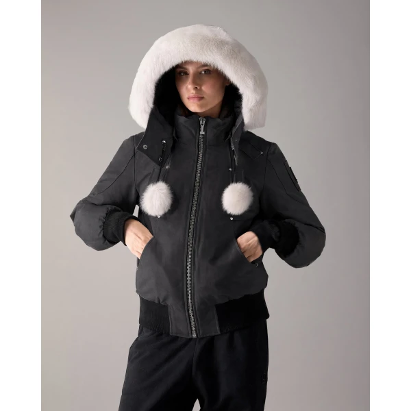 Moose Knuckles Original Debbie Down Bomber in Black and Natural | Jackets | Luxury Shoes 