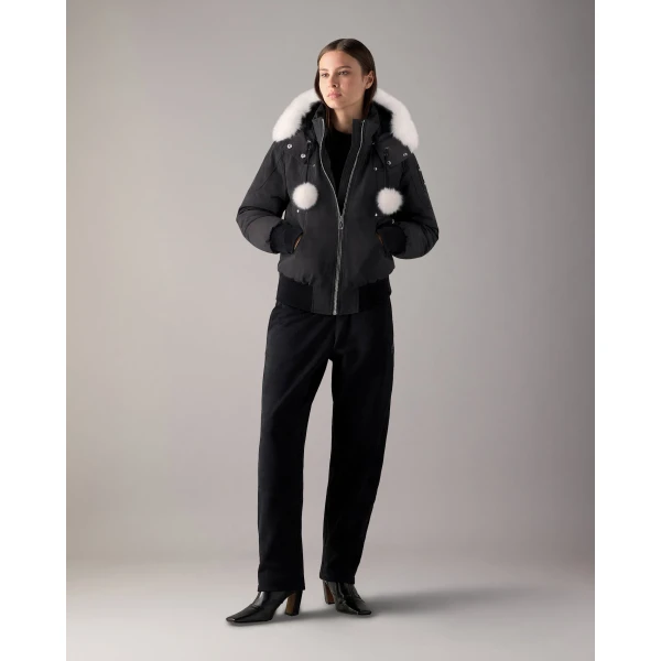 Moose Knuckles Original Debbie Down Bomber in Black and Natural | Jackets | Luxury Shoes 
