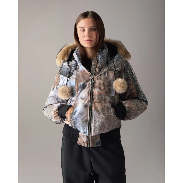 Moose Knuckles Original Debbie Down Bomber in Wild Print and Bronze | Jackets | Luxury Shoes 