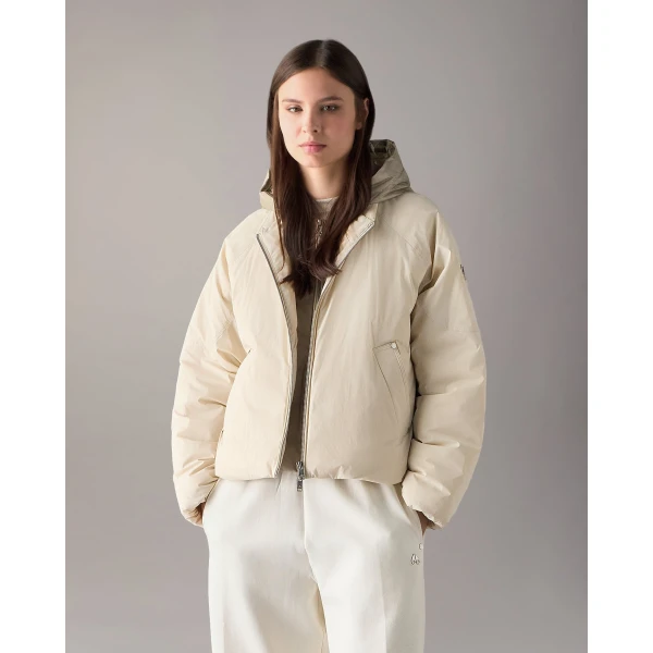Moose Knuckles Tegan Down Bomber Jacket in Alabaster | Jackets | Luxury Shoes 