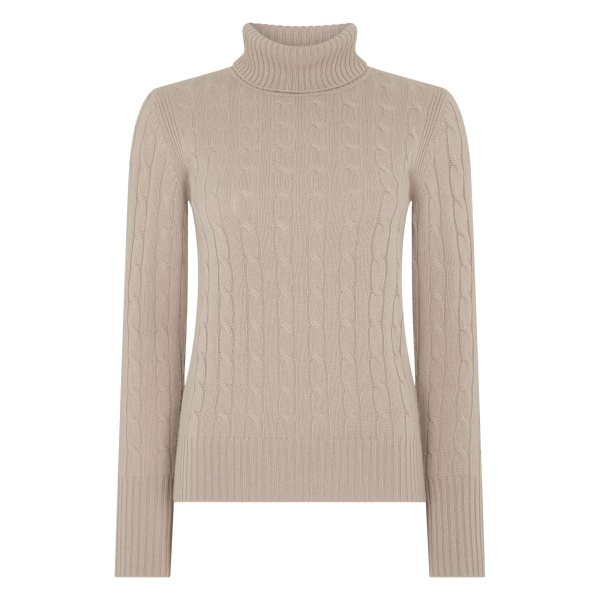 N.Peal Adelyn Cable Roll Cashmere Jumper in Cashew Brown | Turtlenecks | Luxury Shoes 