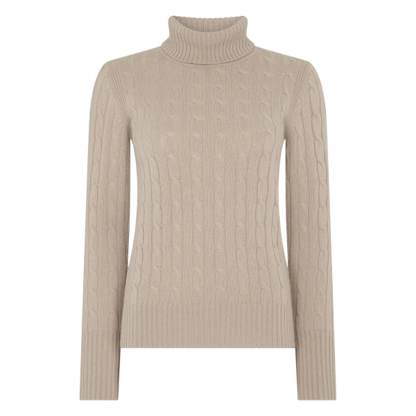 N.Peal Adelyn Cable Roll Cashmere Jumper in Cashew Brown | Turtlenecks | Luxury Shoes 