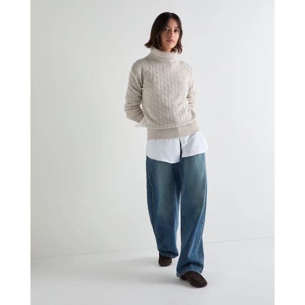 N.Peal Adelyn Cable Roll Cashmere Jumper in Pebble Grey