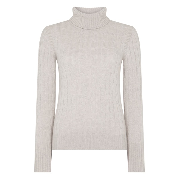 N.Peal Adelyn Cable Roll Cashmere Jumper in Pebble Grey | Turtlenecks | Luxury Shoes 