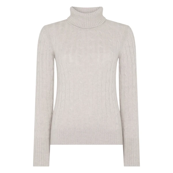 N.Peal Adelyn Cable Roll Cashmere Jumper in Pebble Grey | Turtlenecks | Luxury Shoes 