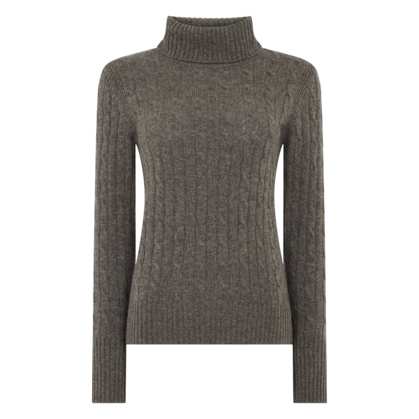 N.Peal Adelyn Cable Roll Cashmere Jumper in Wood Smoke Brown | Turtlenecks | Luxury Shoes 