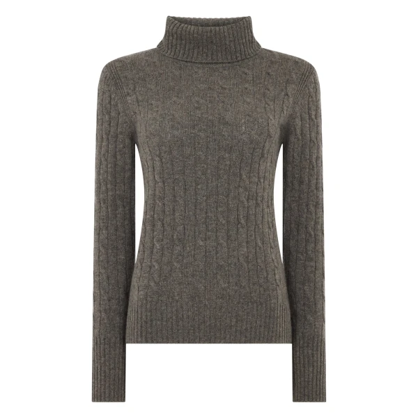N.Peal Adelyn Cable Roll Cashmere Jumper in Wood Smoke Brown | Turtlenecks | Luxury Shoes 