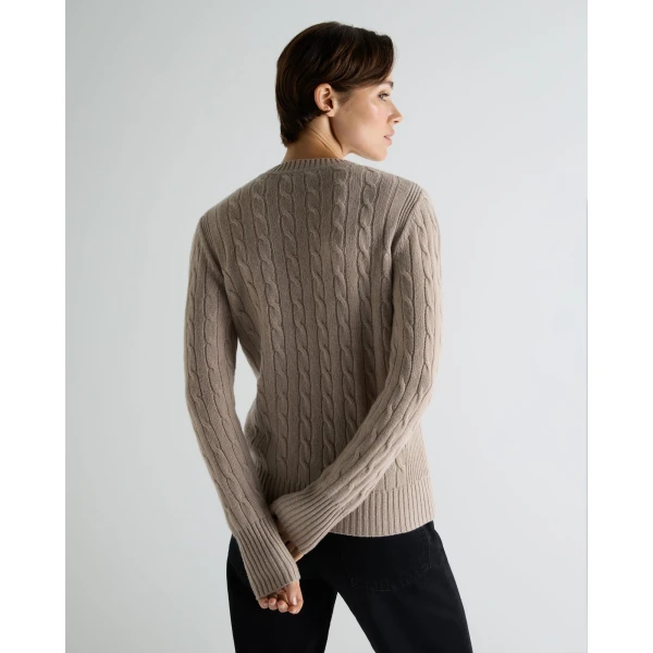 N.Peal Adelyn Cable Round Neck Cashmere Jumper in Cashew Brown