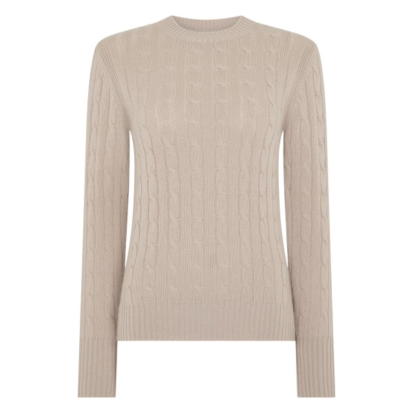 N.Peal Adelyn Cable Round Neck Cashmere Jumper in Cashew Brown | Sweaters | Luxury Shoes 