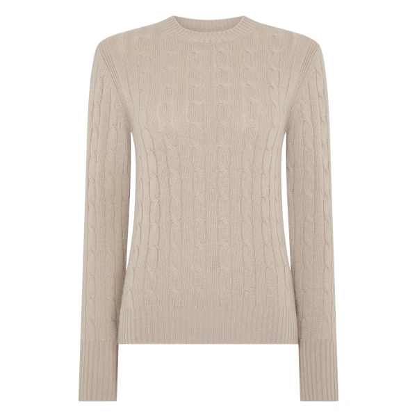 N.Peal Adelyn Cable Round Neck Cashmere Jumper in Cashew Brown | Sweaters | Luxury Shoes 