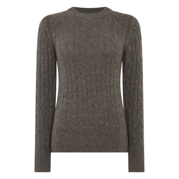 N.Peal Adelyn Cable Round Neck Cashmere Jumper in Wood Smoke Brown | Sweaters | Luxury Shoes 