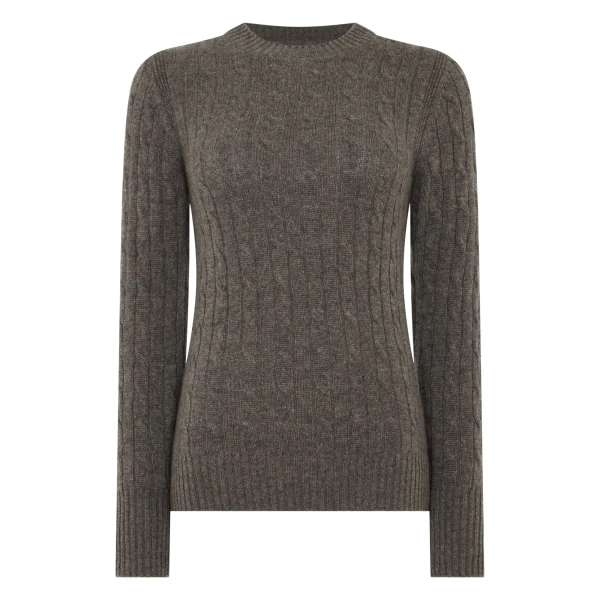 N.Peal Adelyn Cable Round Neck Cashmere Jumper in Wood Smoke Brown | Sweaters | Luxury Shoes 